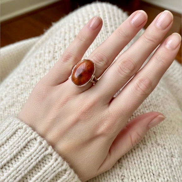 Vintage Jewelry - Vintage Red Coral  and  925 Silver Ring with Cabochon Stone cut.